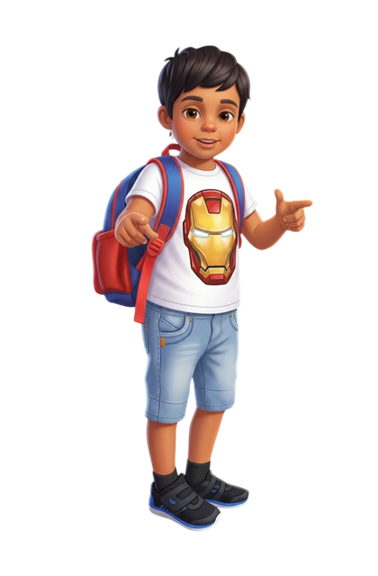 Cartoon illustration of Shankar with a backpack, pointing